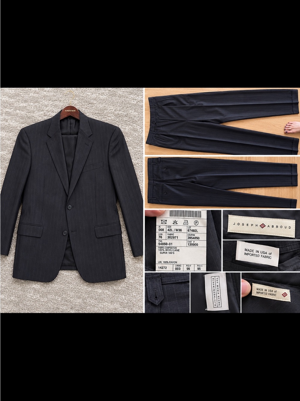 Joseph Abboud Men’s Charcoal 42L 36/30  Pinstripe Suit Jacket & Pants. Perfect